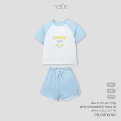 White and Sky Blue Baby Short Sleeve Set with Decorative Print – Summer Outfit for Boys and Girls